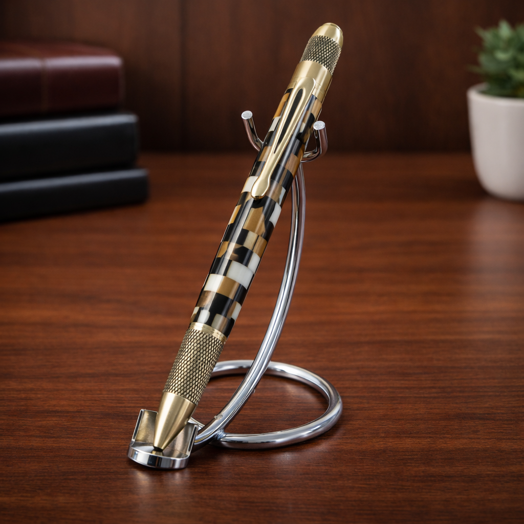 Luxury striped pen with gold accents on a metal stand, displayed on wooden desk