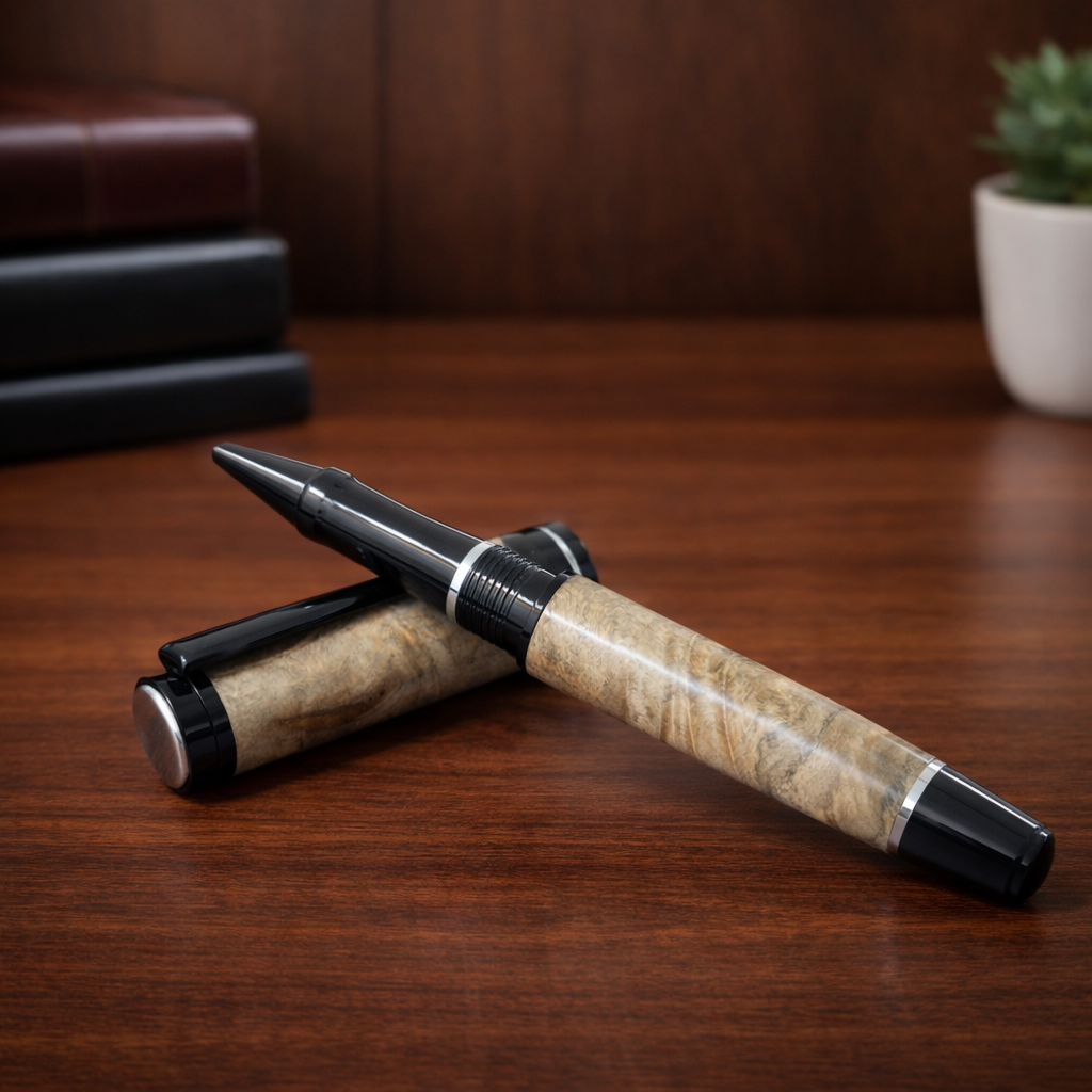Luxury wood finish rollerball pen on polished wooden desk with books and plant