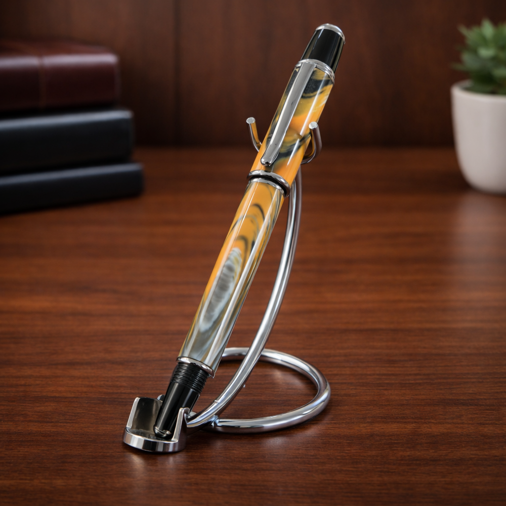 Luxury marbled fountain pen with chrome accents on a metal stand, wooden desk background