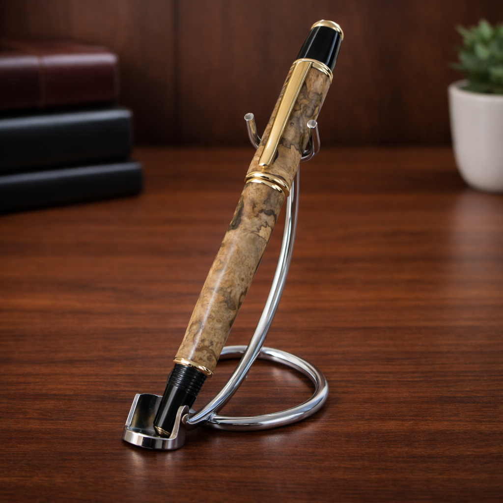 Luxury wood grain fountain pen with gold accents on metal holder, desk background