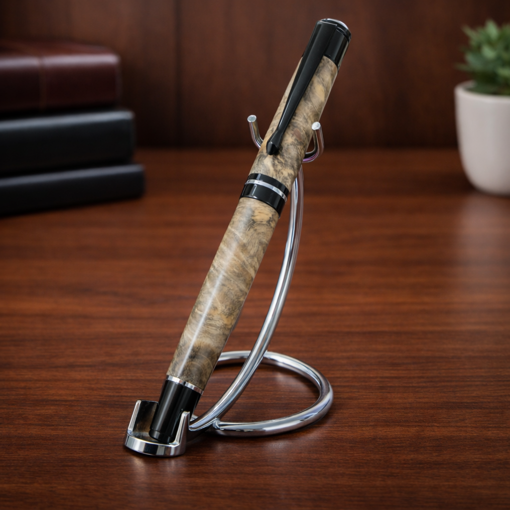 Luxury marble-patterned pen on metal stand, wooden desk, elegant writing instrument