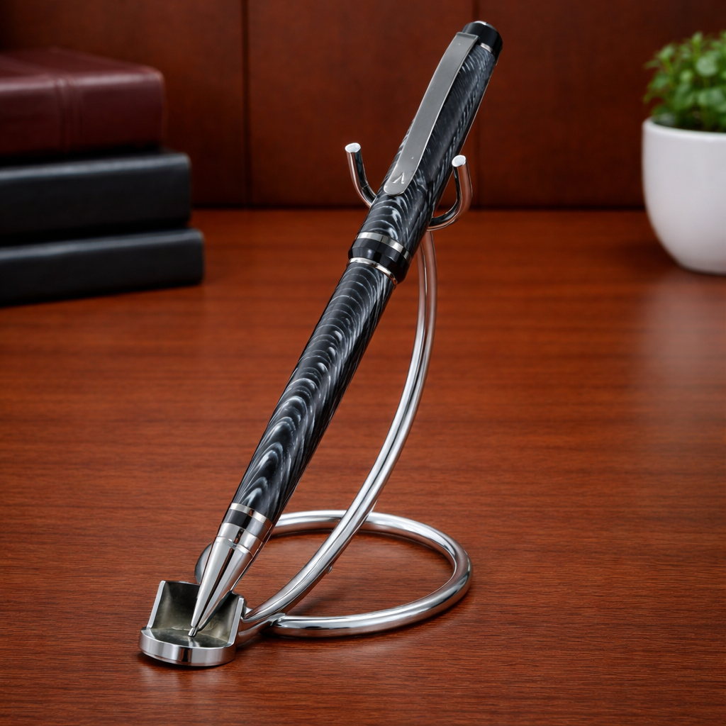 Luxury black swirl pen on metal stand, wooden desk, modern office decor
