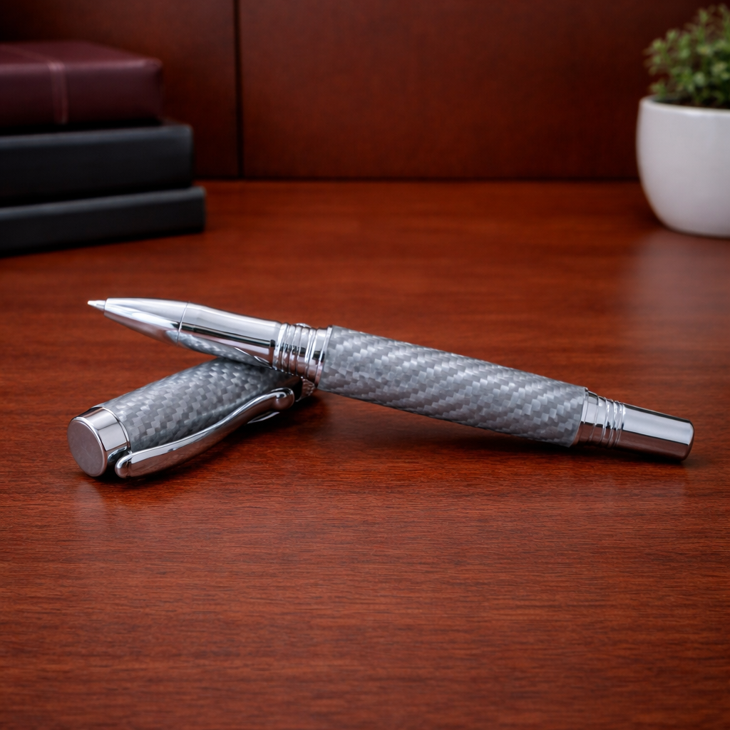 Luxury carbon fiber pen with silver accents on wooden desk, modern executive stationery
