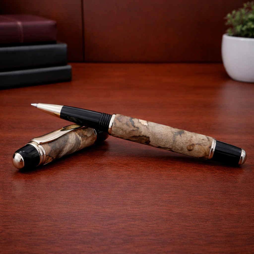 Luxury handcrafted wood fountain pen with black and gold accents on a wooden desk
