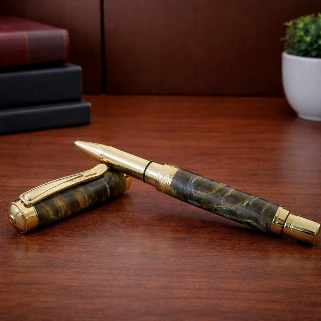 Luxury gold and marbled pen with cap on wooden desk, books and plant in background
