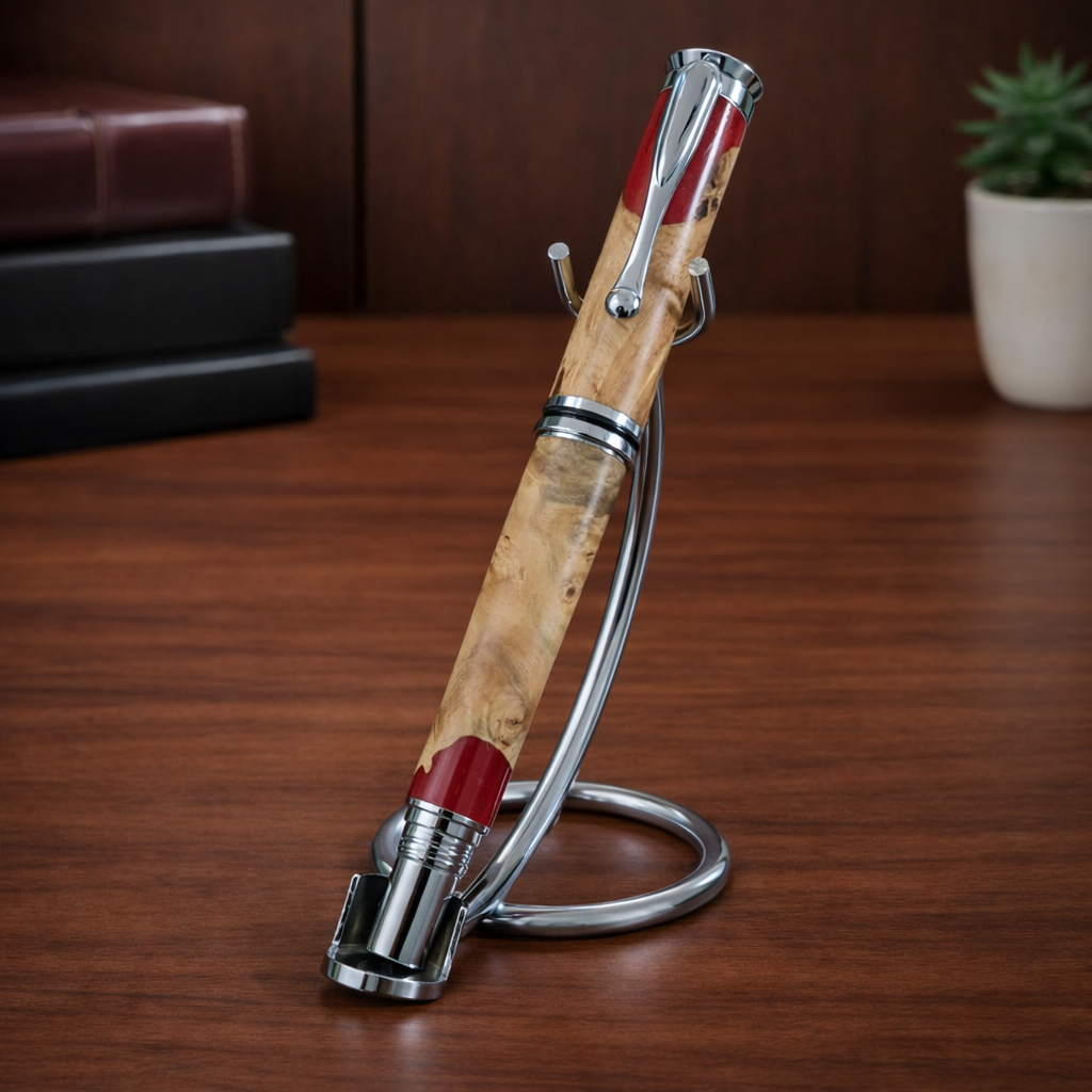 Handcrafted wood and resin pen with chrome accents on metal stand, desk background