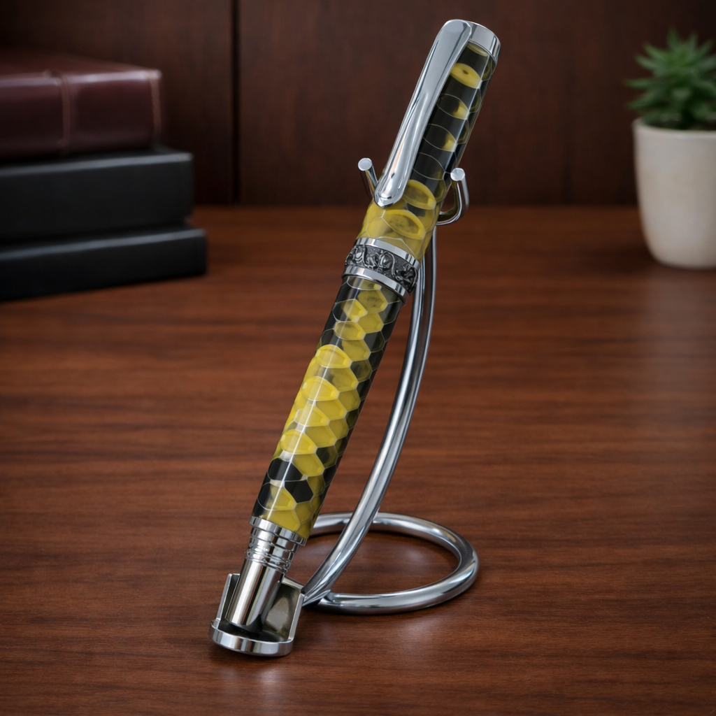 Yellow and black patterned luxury fountain pen on chrome stand, wood desk background