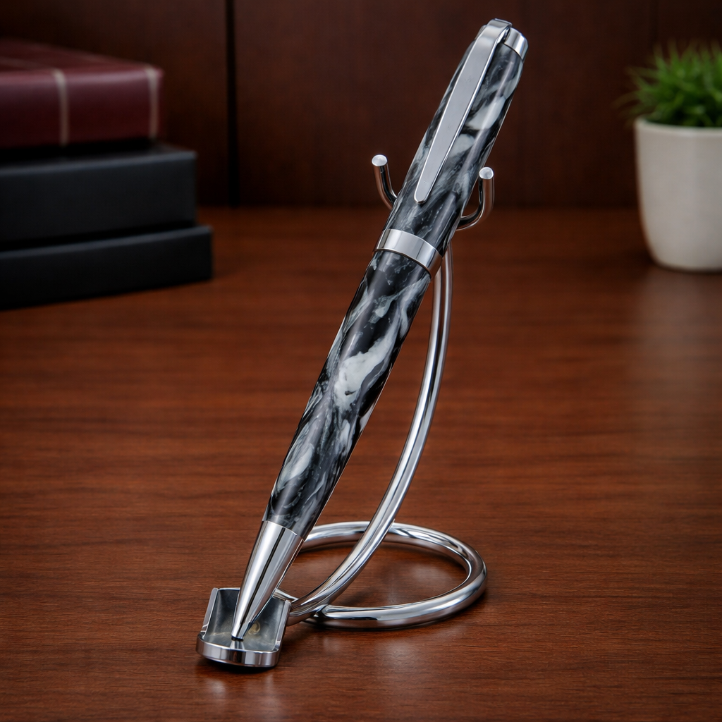 Luxury black and white marbled pen with silver accents on a chrome stand, on wood desk