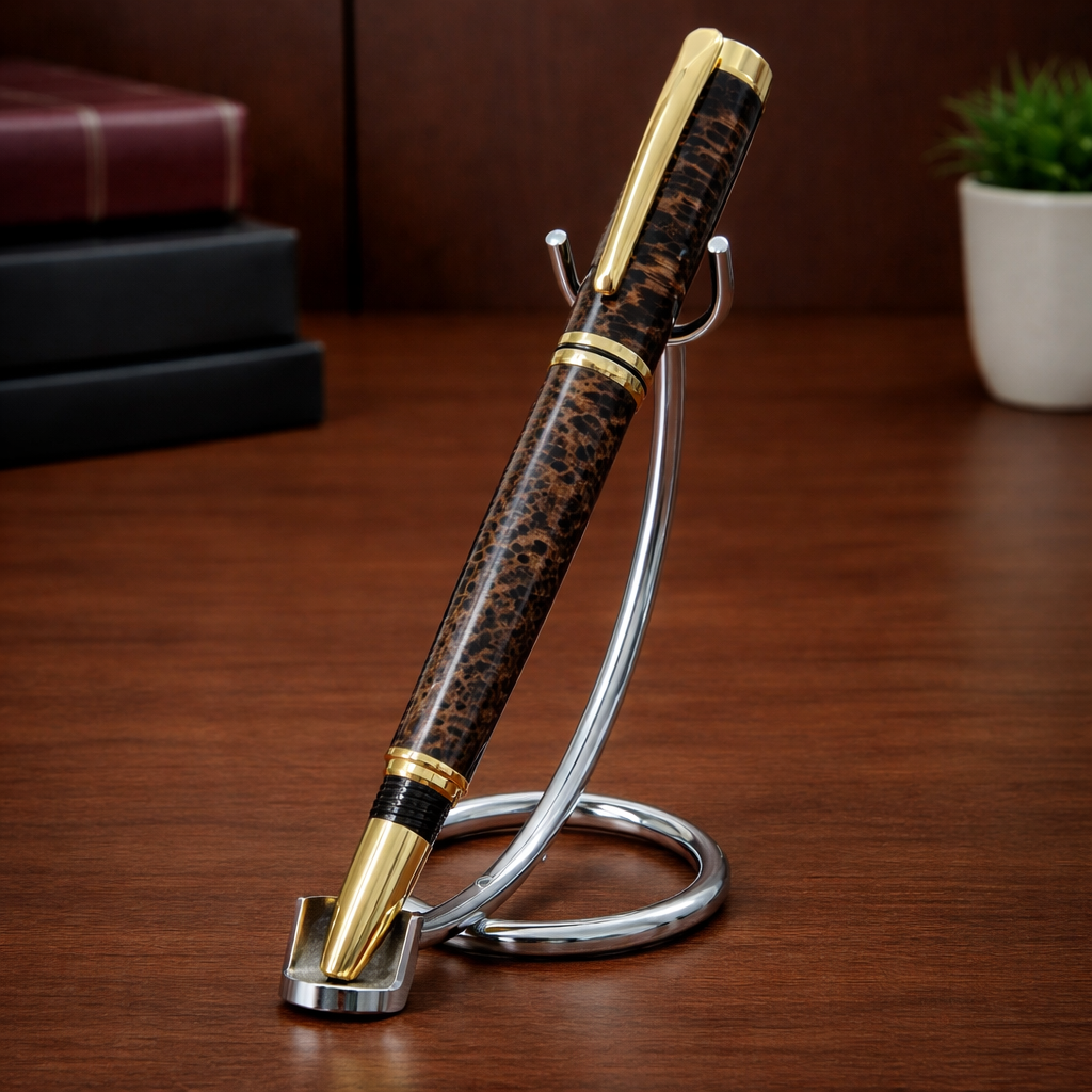 Luxury brown and gold pen with textured barrel on chrome stand, office desk background
