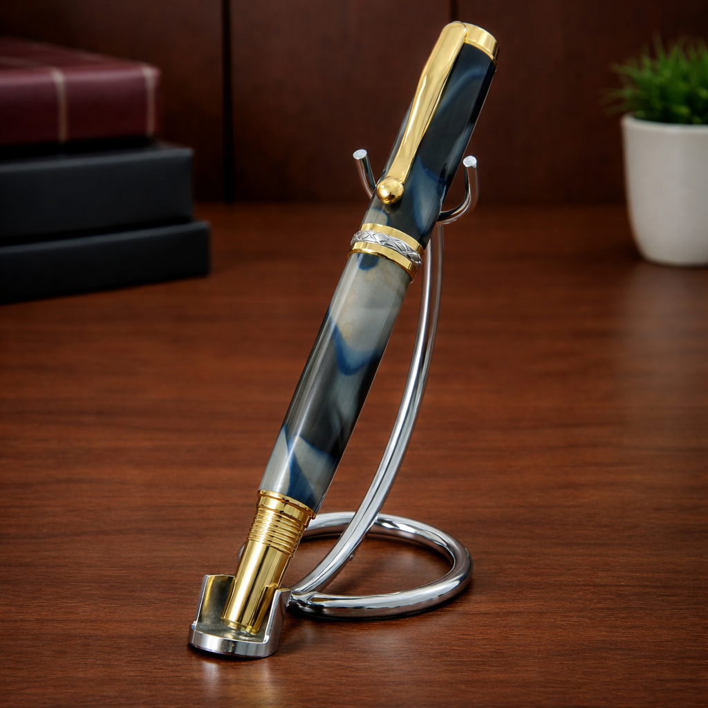 Luxury blue marbled pen with gold accents on chrome stand, desk background