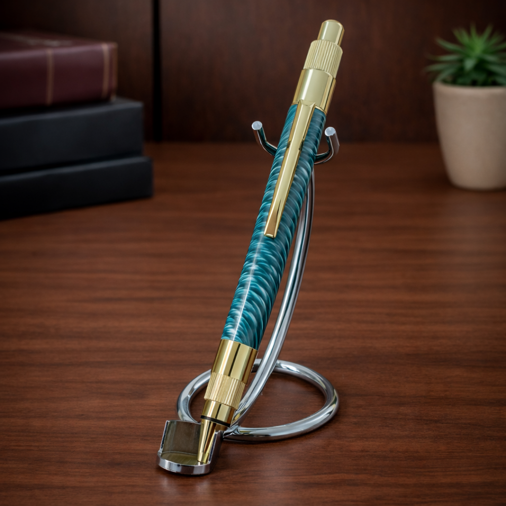 Luxury teal and gold ballpoint pen on metal stand, wooden desk background, elegant office decor