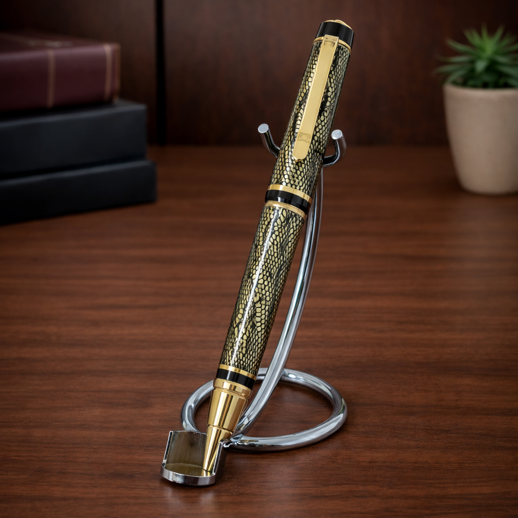 Luxury gold-patterned pen with black accents on a metal stand, displayed on a wood desk