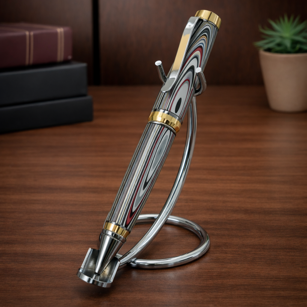 Luxury striped pen with gold accents on a chrome stand, wooden desk background