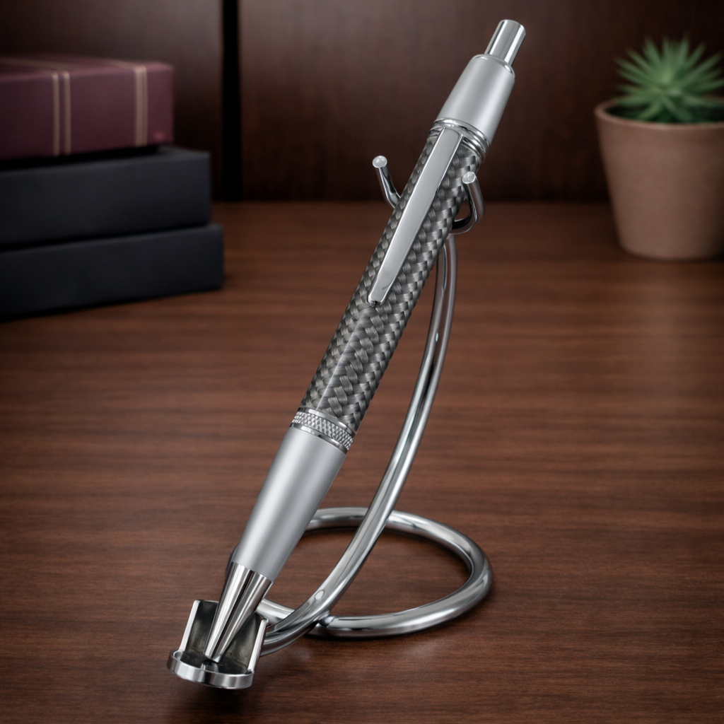 Sleek carbon fiber pen with metal accents on a chrome stand, on wooden desk