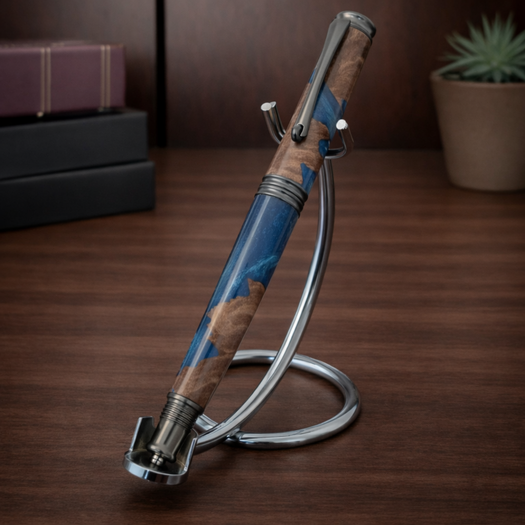 Handcrafted blue and wood resin pen on a metal stand, desk background with books and plant