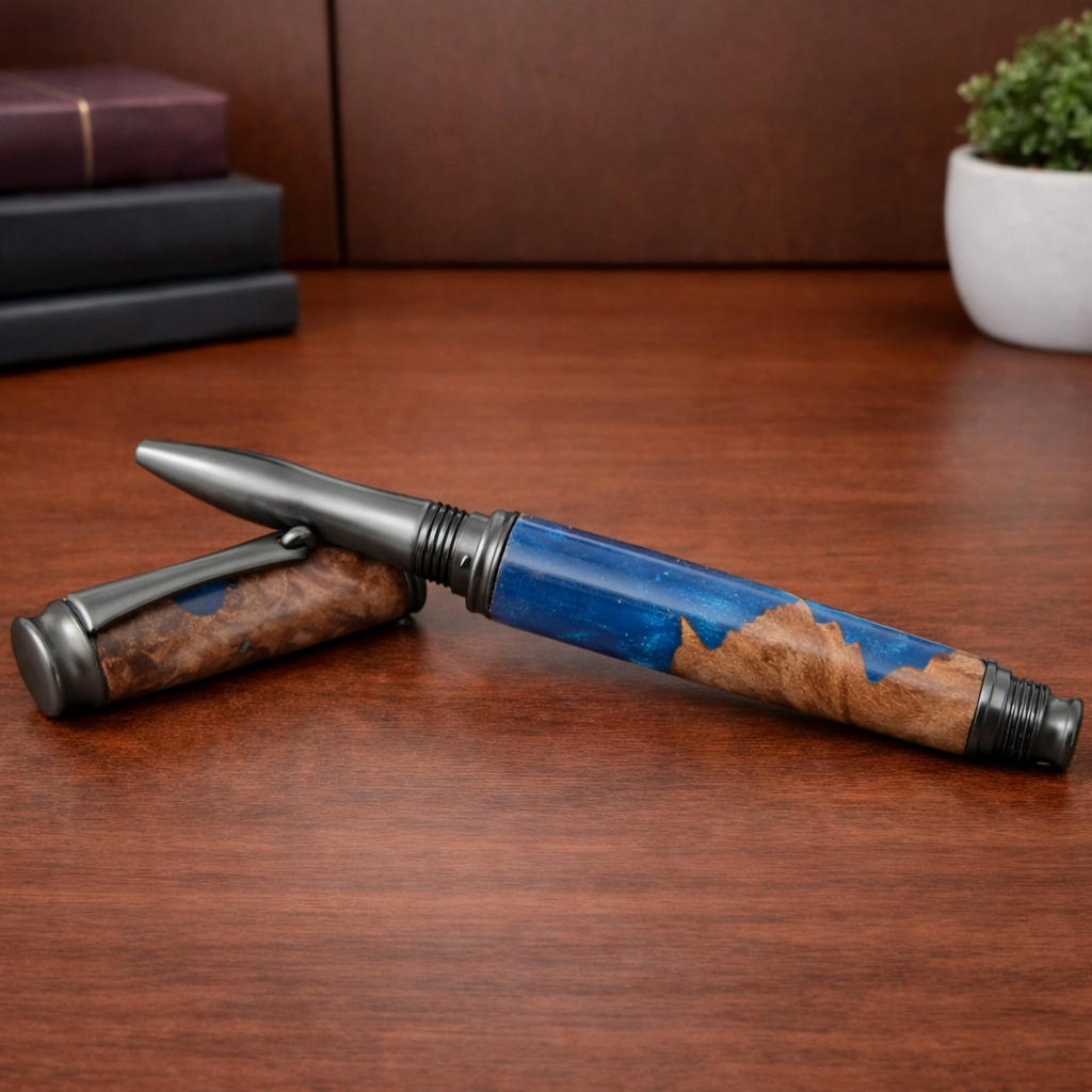 Handcrafted blue resin and wood fountain pen on wooden desk with books and plant