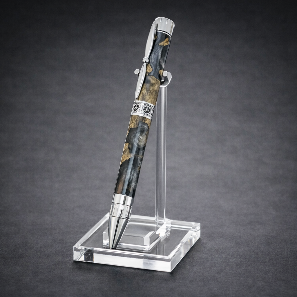 Luxury black and gold resin ballpoint pen with silver accents on acrylic display stand