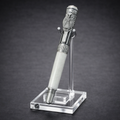 Luxury fountain pen with silver owl cap on acrylic display stand, white marble barrel