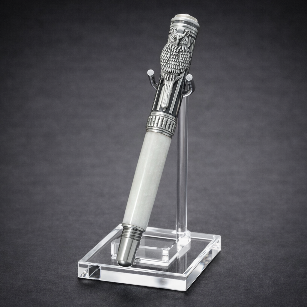 Luxury fountain pen with silver owl cap on acrylic display stand, white marble barrel