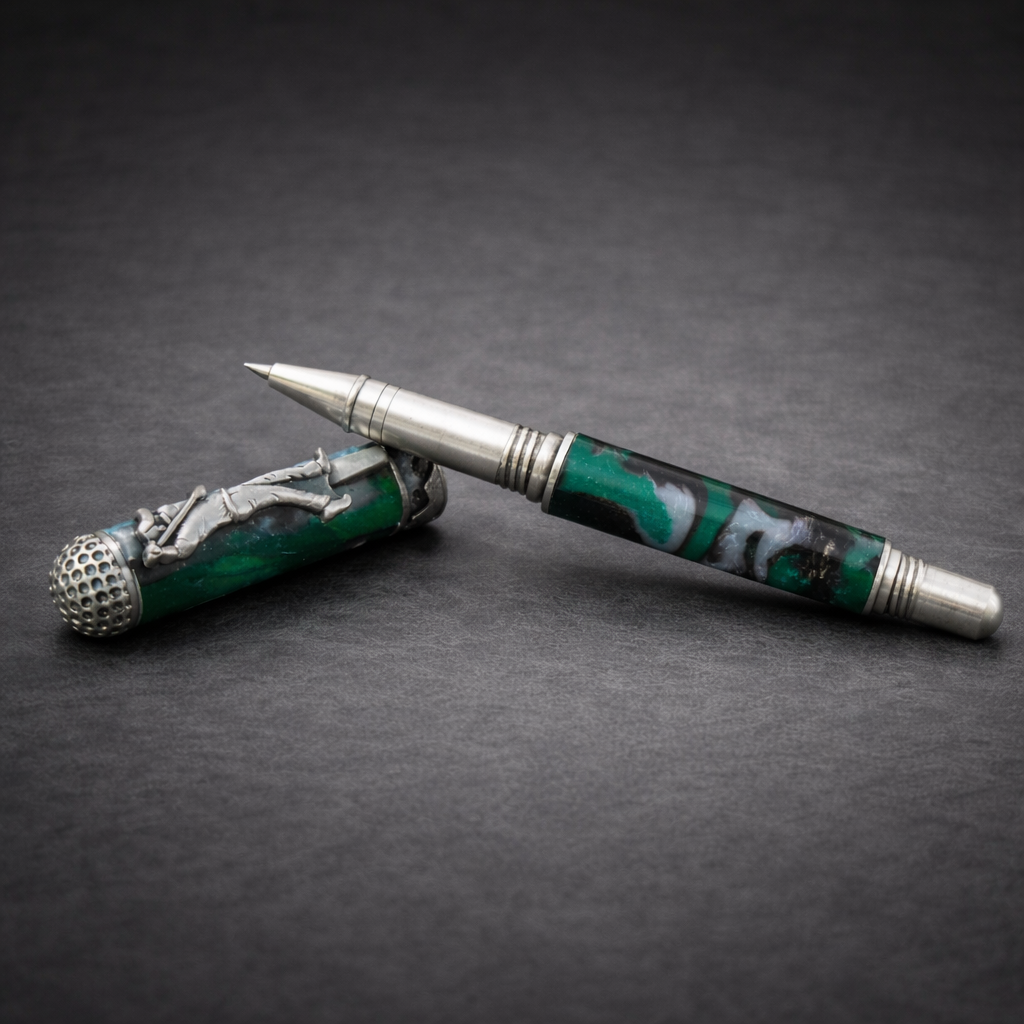 Handcrafted green and black pen with metal accents and a golfer detail on cap, on dark background