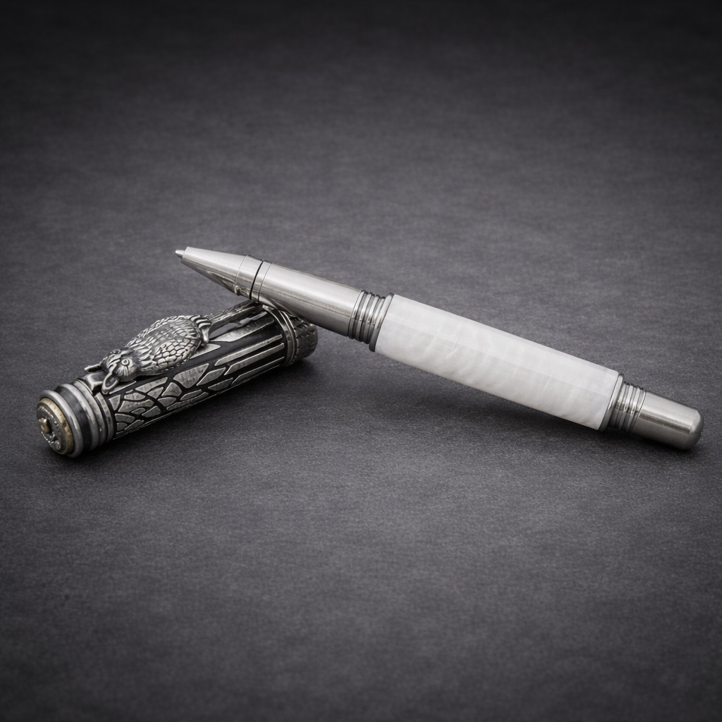 Luxury metal and white resin pen with engraved animal detail on cap, on dark background