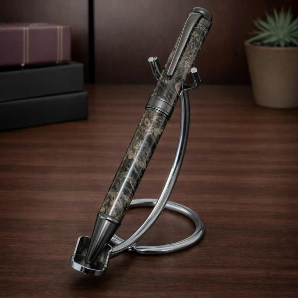 Luxury marbled fountain pen on chrome holder, wooden desk, bookshelf, potted plant
