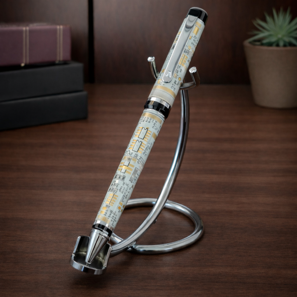 Decorative ballpoint pen with circuit board design on metal stand, wooden desk background