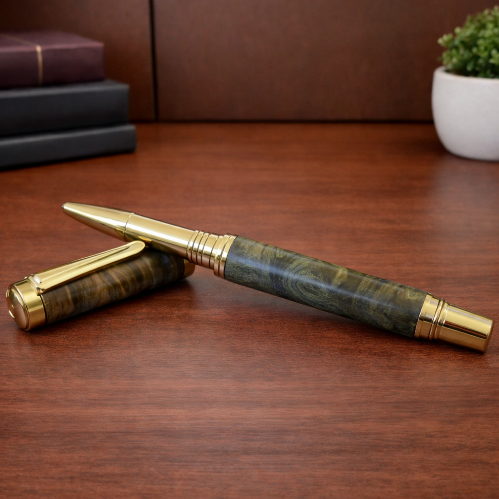 Luxury gold and wood ballpoint pen on polished wooden desk