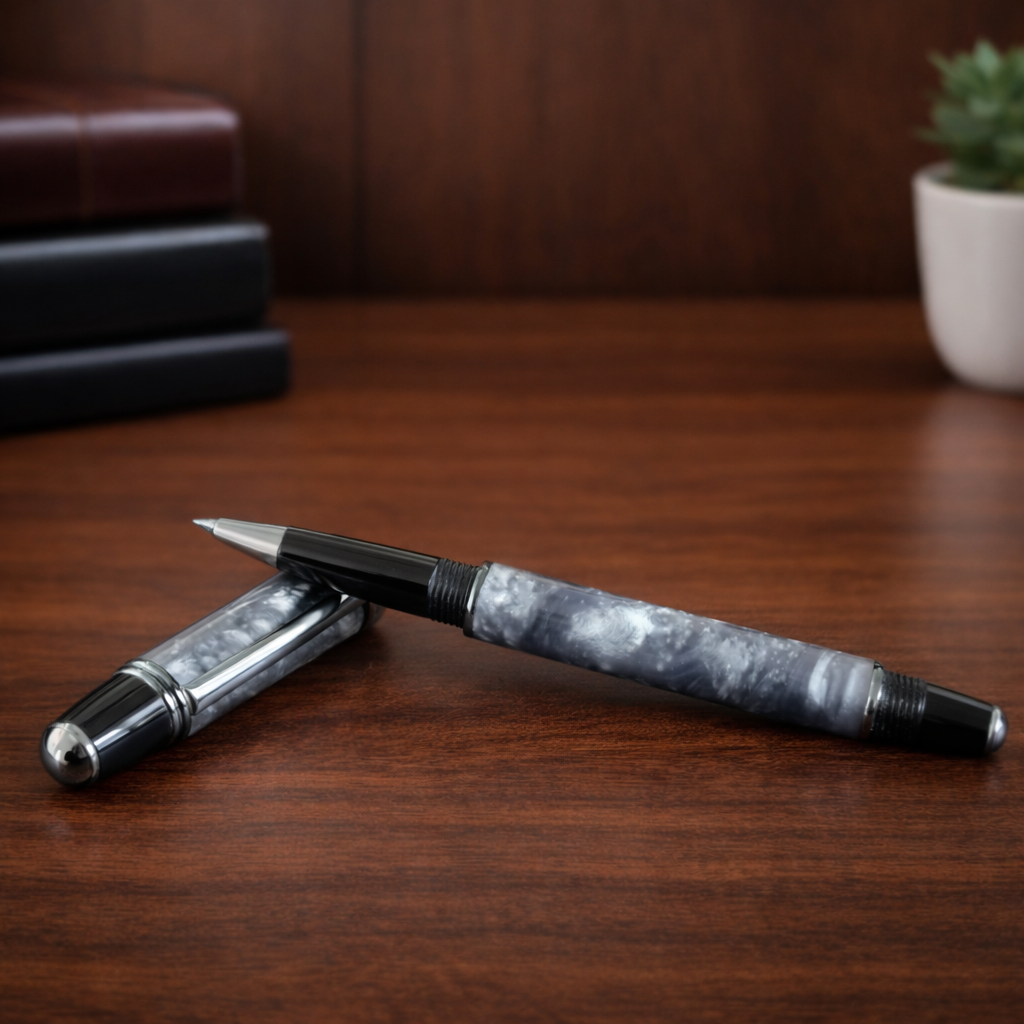 Luxury marbled gray and black ballpoint pen on wooden desk with books and a plant