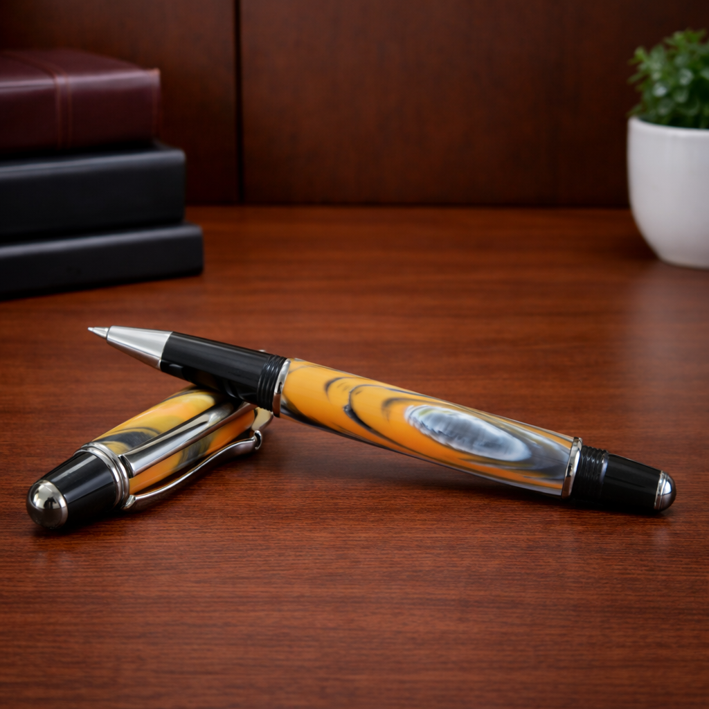 Luxury artisan ballpoint pen with yellow and black marbled design on wooden desk