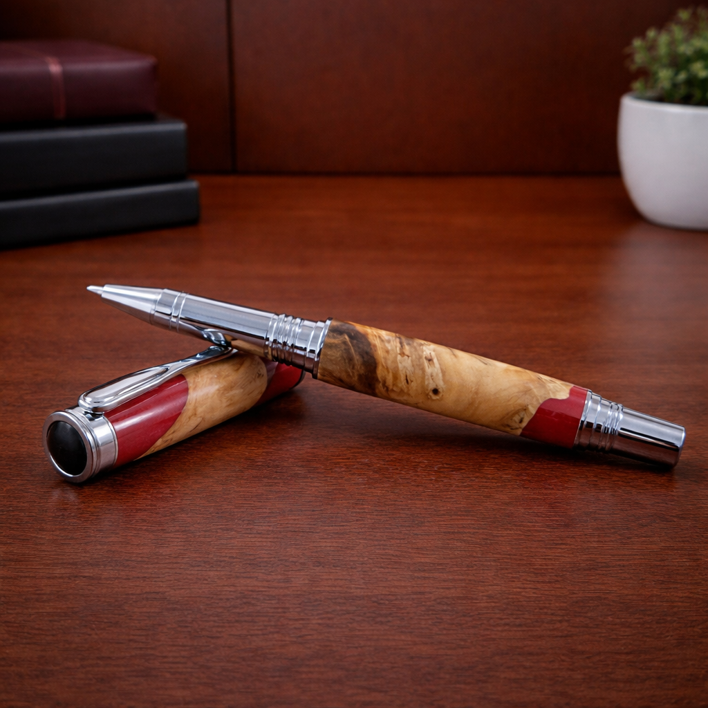 Handcrafted wood and metal pen with red resin accents on a wooden desk