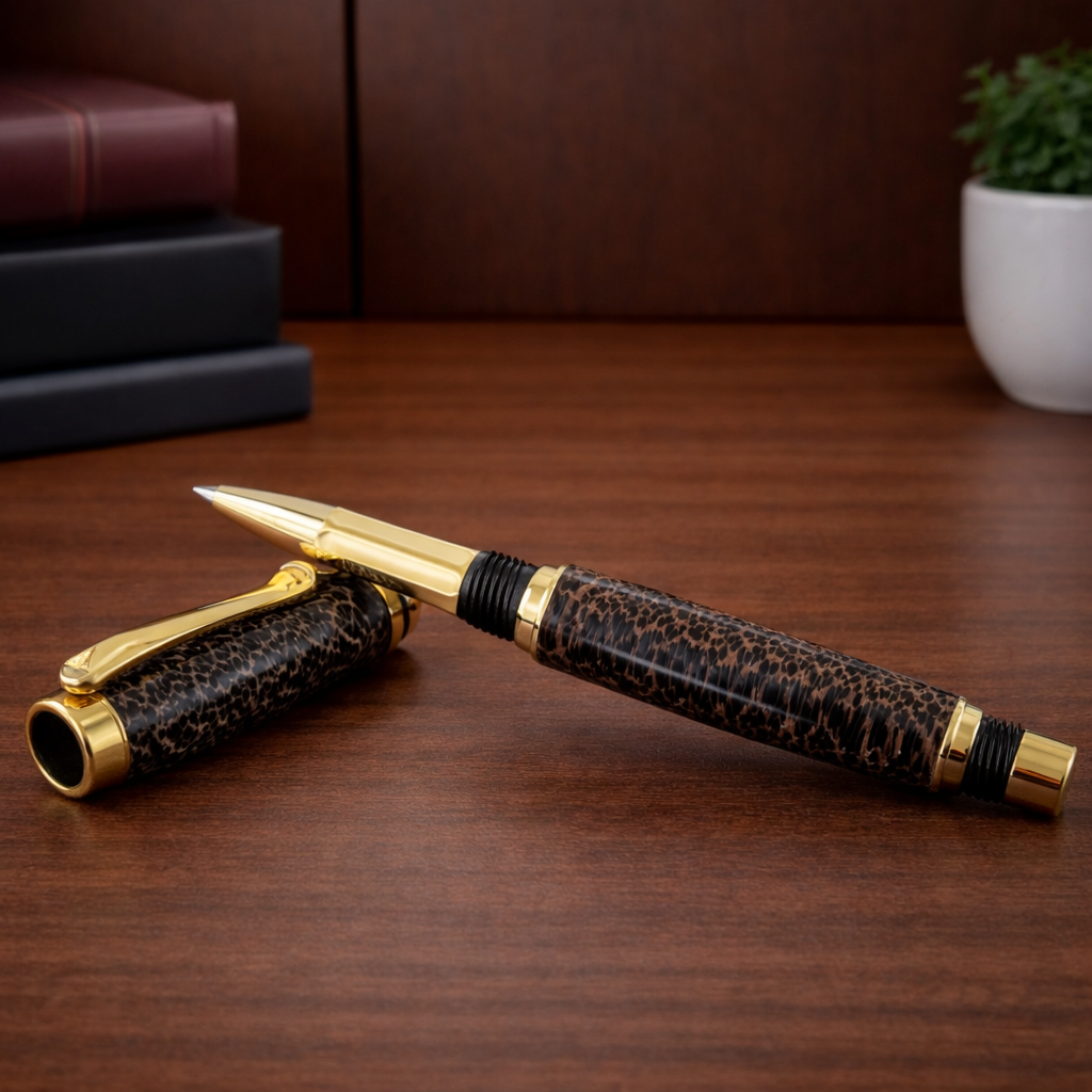 Luxury gold and patterned ballpoint pen on wooden desk, elegant writing instrument