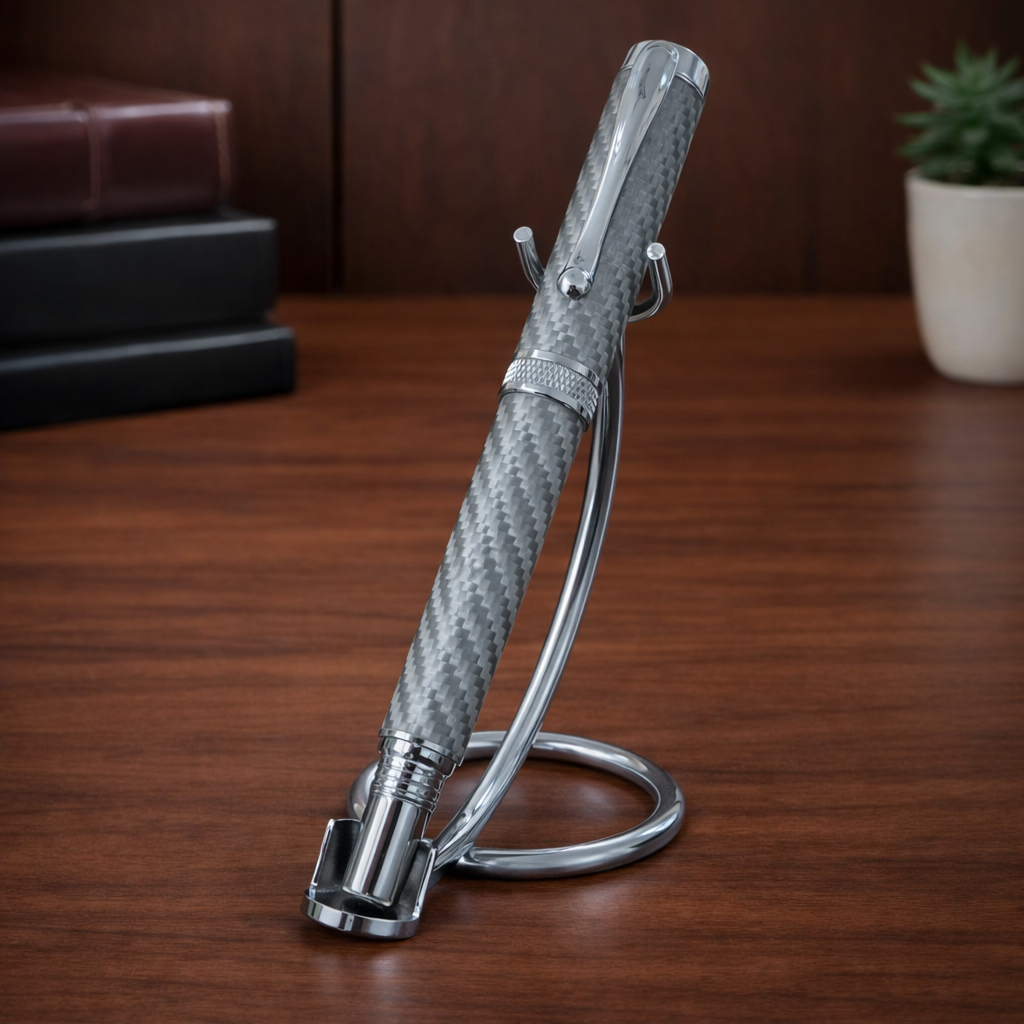 Silver carbon fiber pen in a chrome stand on a wooden desk with books and a plant