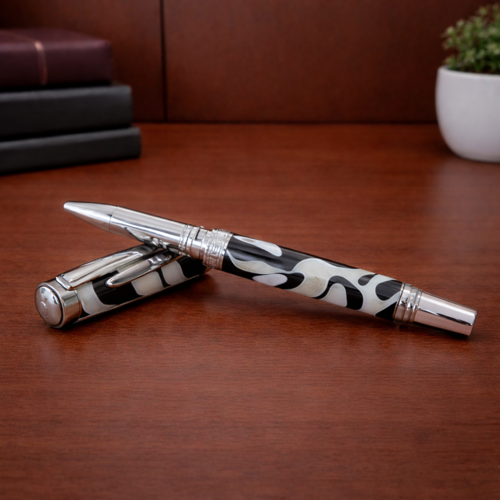 Luxury black and white marbled fountain pen with metallic accents on wooden desk
